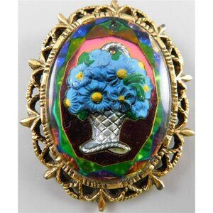 7/766 Vintage Watermelon Vitrail Glass Intaglio Flower Basket Brooch Pin / Penda